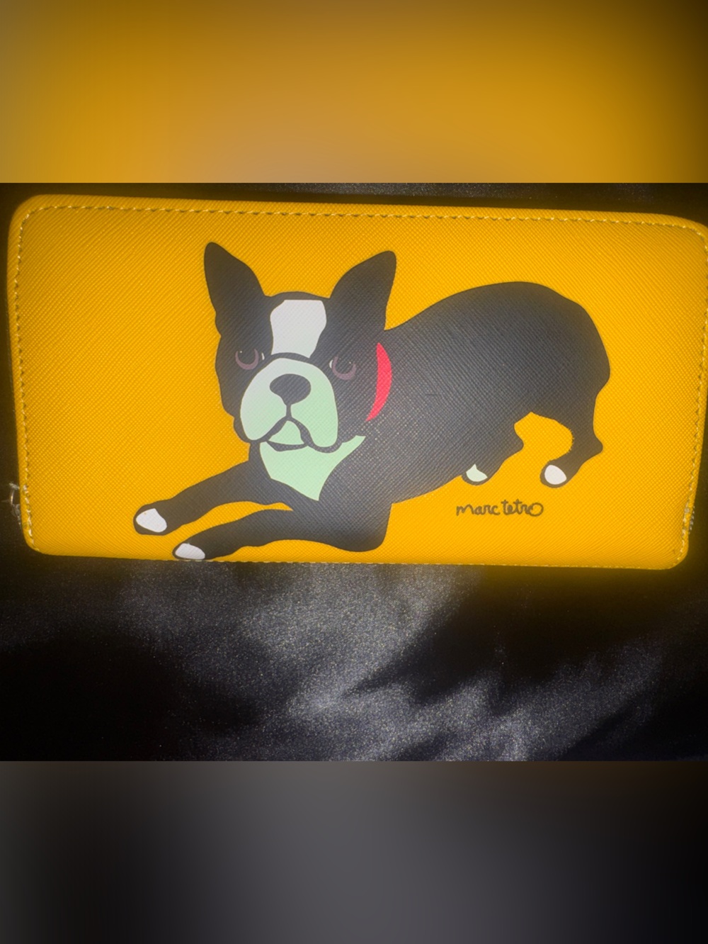Marc Tetro Yellow Zip Wallet with Playful Dog Graphic